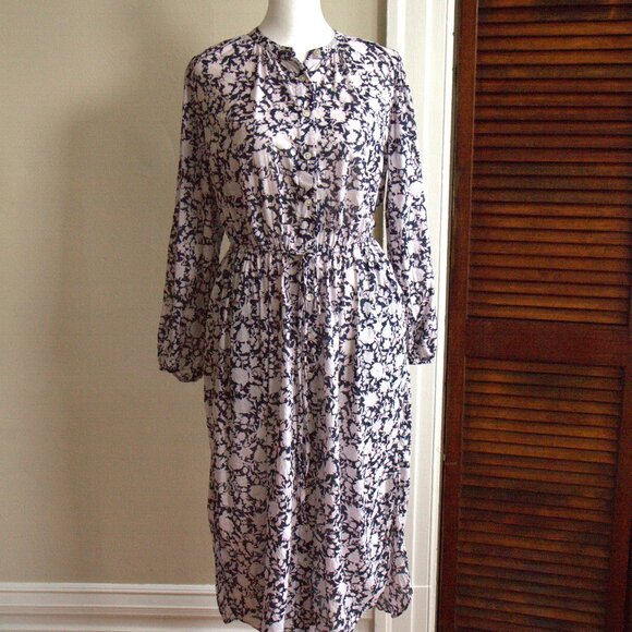 J. Crew Dresses & Skirts - J. Crew 100% Cotton Navy Midi Shirt Dress with Pink Flower Patterns